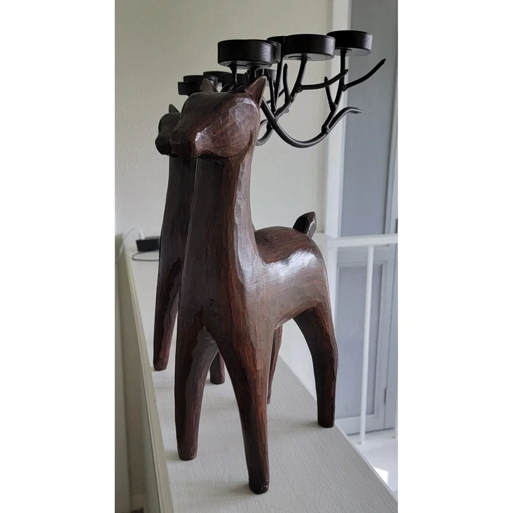 Reindeer Candle Holder Set 5 Tealight‎ Candles Faux Wood/Metal Christmas Holiday